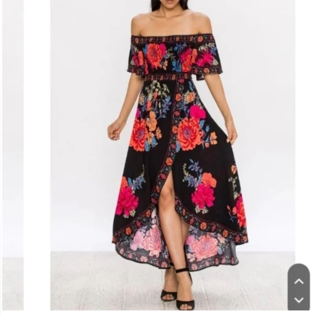 Jealous Tomato Black Red Off The Shoulder Floral Hi Low Maxi Ruffle Dress S